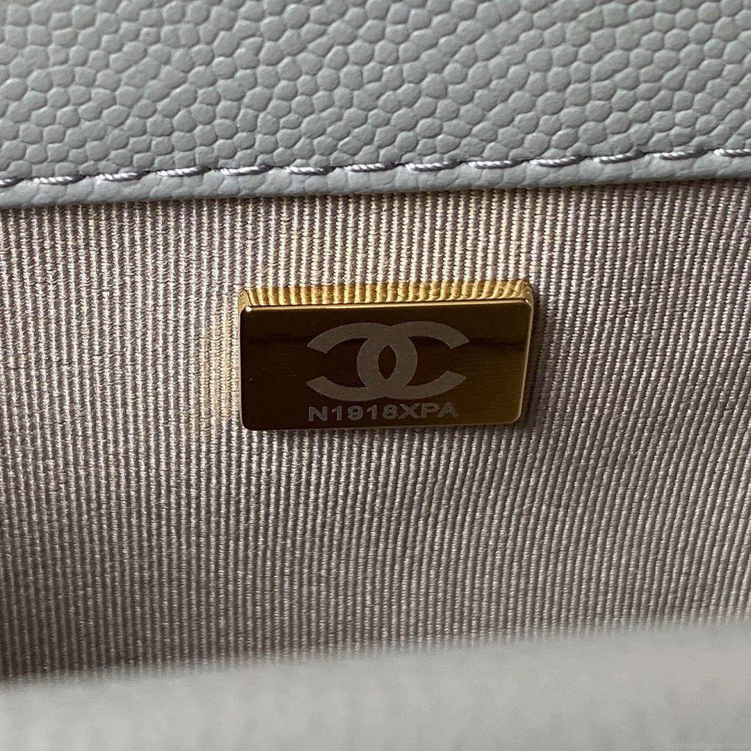 Chanel A94805 Boy Flap Bag With Handle Grained Shiny Calfskin Gold Tone Metal Gray