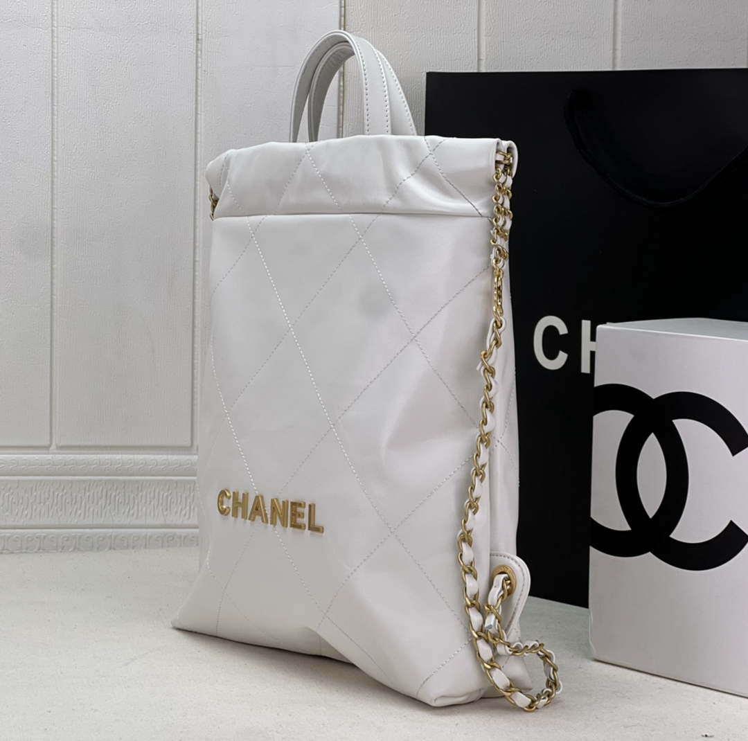 Chanel 22 Backpack AS3859 Shiny White Calfskin With Gold