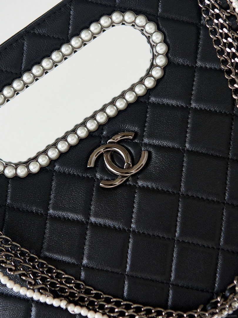 Chanel AS4222 Shopping Bag Aged Shiny Lambskin Crystal Pearls & Black Metal Black