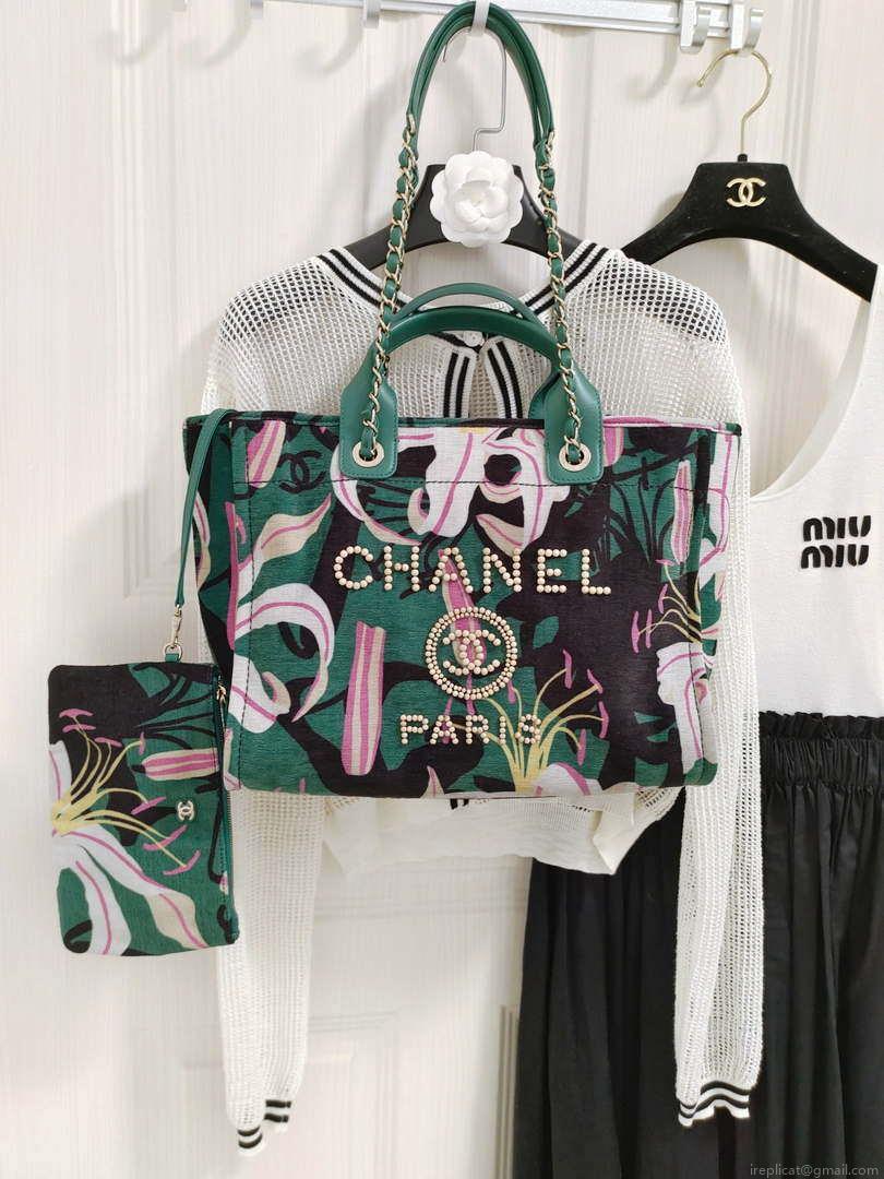 Chanel A66941 Medium Tote Printed Velvet Wooden Pearls & Gold-Tone Metal Green& Multicolour