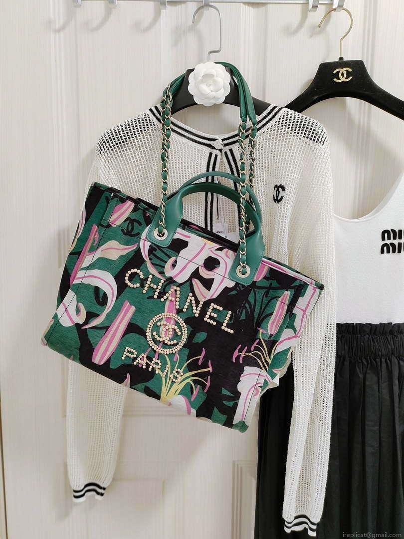 Chanel A66941 Medium Tote Printed Velvet Wooden Pearls & Gold-Tone Metal Green& Multicolour