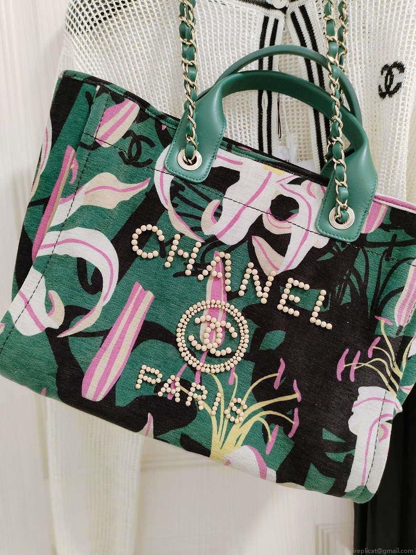 Chanel A66941 Medium Tote Printed Velvet Wooden Pearls & Gold-Tone Metal Green& Multicolour