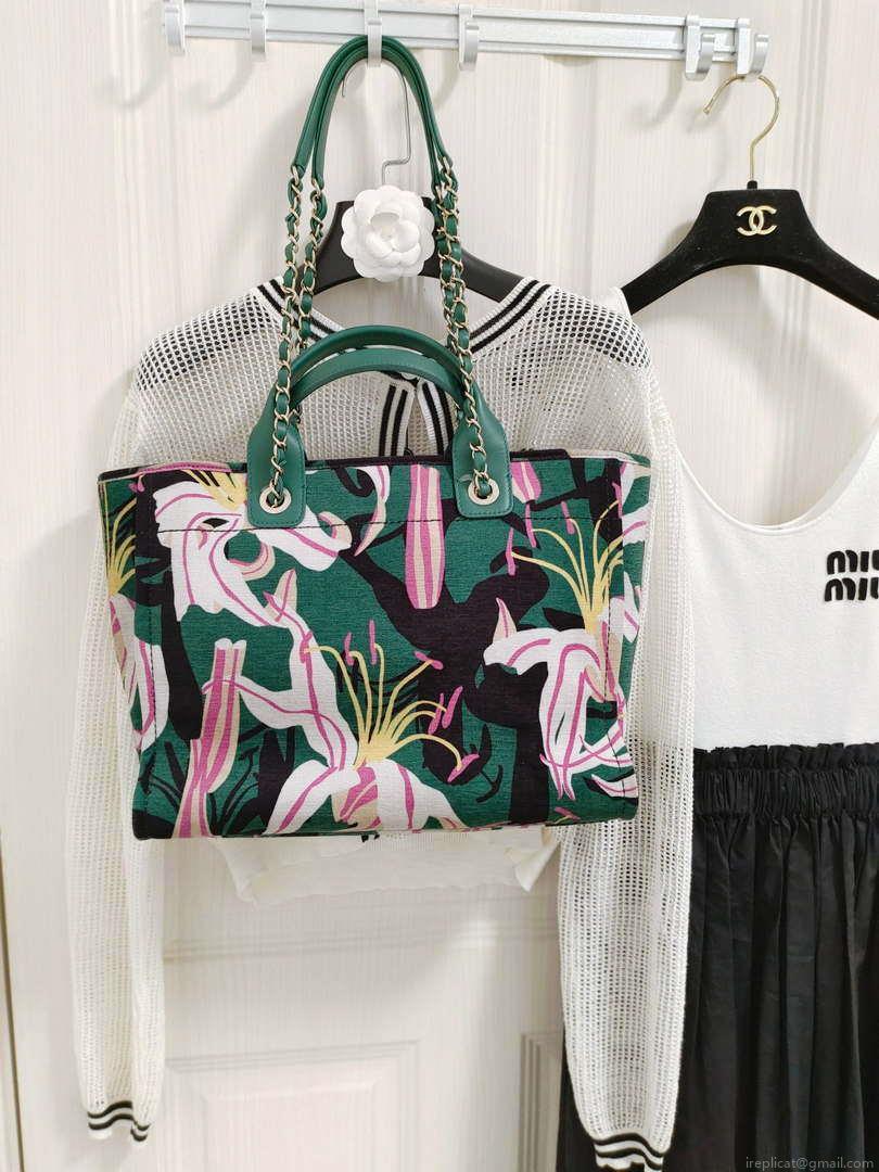 Chanel A66941 Medium Tote Printed Velvet Wooden Pearls & Gold-Tone Metal Green& Multicolour