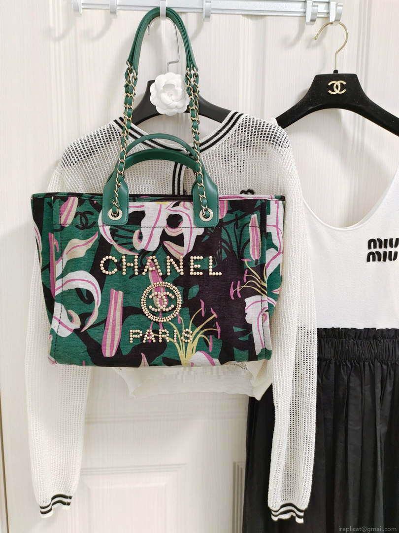 Chanel A66941 Medium Tote Printed Velvet Wooden Pearls & Gold-Tone Metal Green& Multicolour