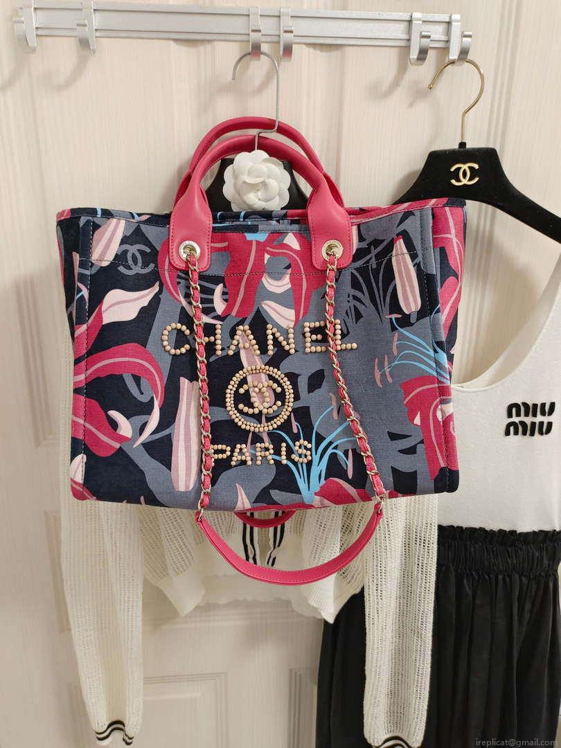Chanel A66941 Medium Tote Printed Velvet Wooden Pearls & Gold-Tone Metal Red & Multicolour