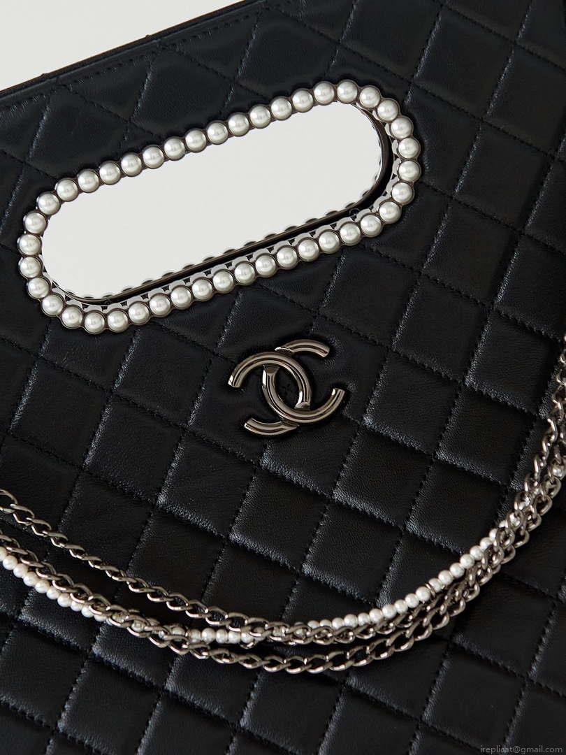 Chanel AS4223 Large Shopping Bag Aged Shiny Lambskin Crystal Pearls & Black Metal Black