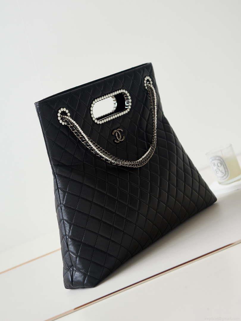 Chanel AS4223 Large Shopping Bag Aged Shiny Lambskin Crystal Pearls & Black Metal Black