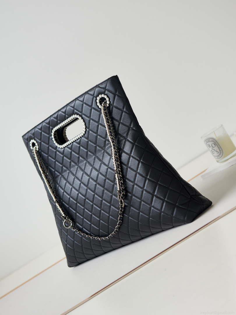 Chanel AS4223 Large Shopping Bag Aged Shiny Lambskin Crystal Pearls & Black Metal Black