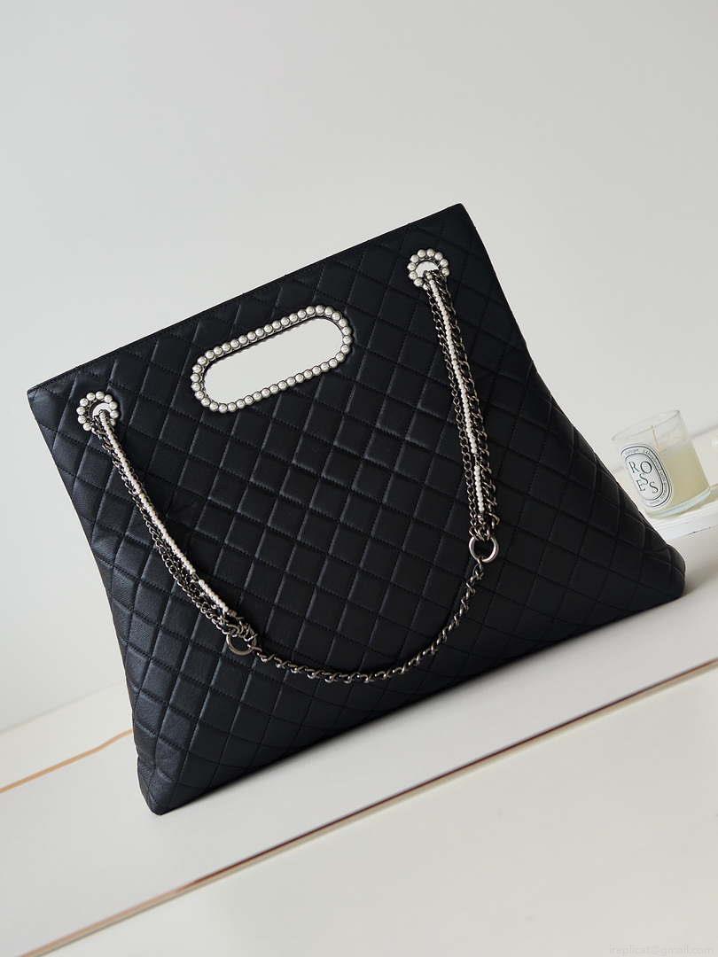 Chanel AS4223 Large Shopping Bag Aged Shiny Lambskin Crystal Pearls & Black Metal Black
