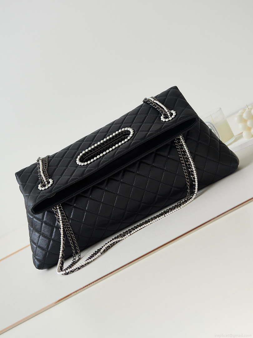 Chanel AS4223 Large Shopping Bag Aged Shiny Lambskin Crystal Pearls & Black Metal Black