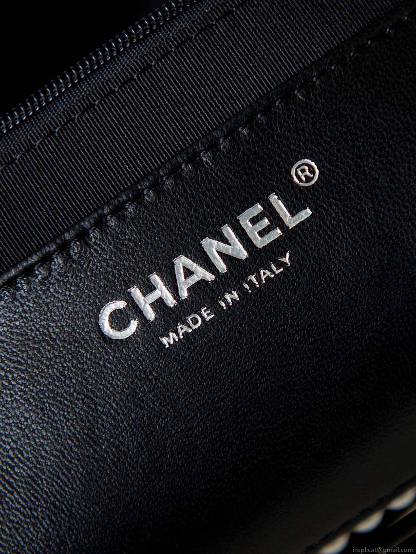 Chanel AS4223 Large Shopping Bag Aged Shiny Lambskin Crystal Pearls & Black Metal Black