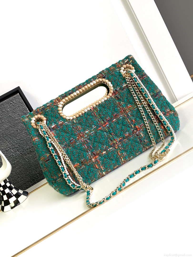 Chanel AS4221 large Flap Bag with top Handle Wool and Silk Tweed Glass and Wooden Pearls