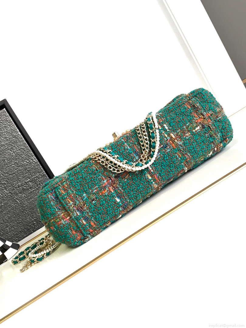 Chanel AS4221 large Flap Bag with top Handle Wool and Silk Tweed Glass and Wooden Pearls