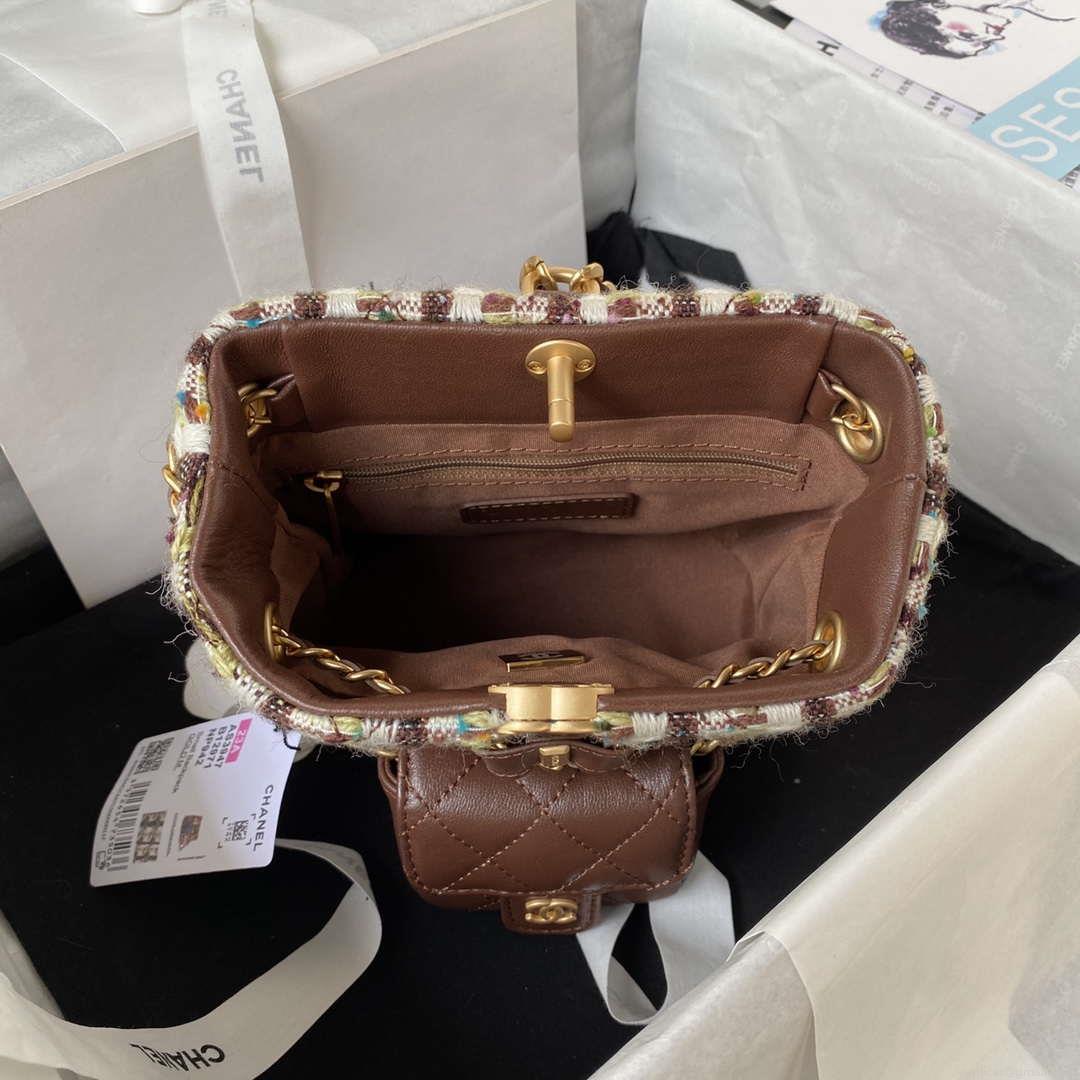 Chanel AS3947 Small Backpack Wool Tweed Lambski & Gold-Tone Metal Brown