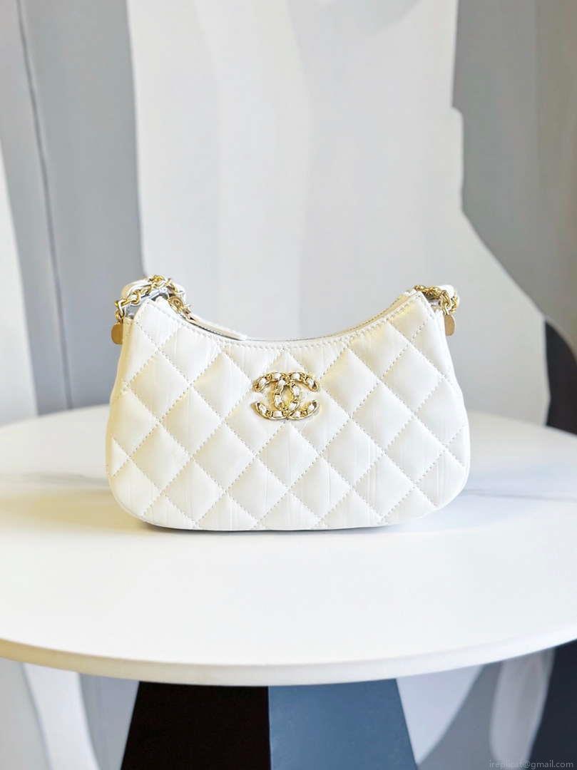Chanel AP3647 23K Small Hobo Bag Lambskin Gold Metal White