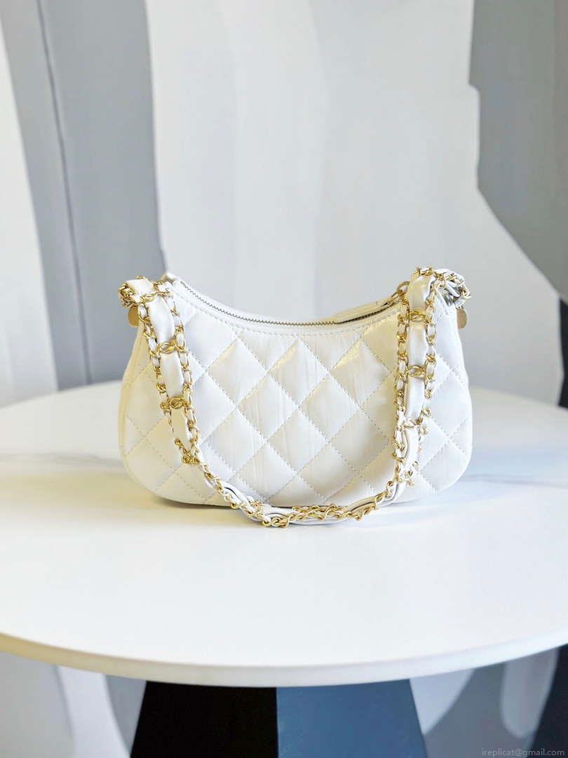 Chanel AP3647 23K Small Hobo Bag Lambskin Gold Metal White