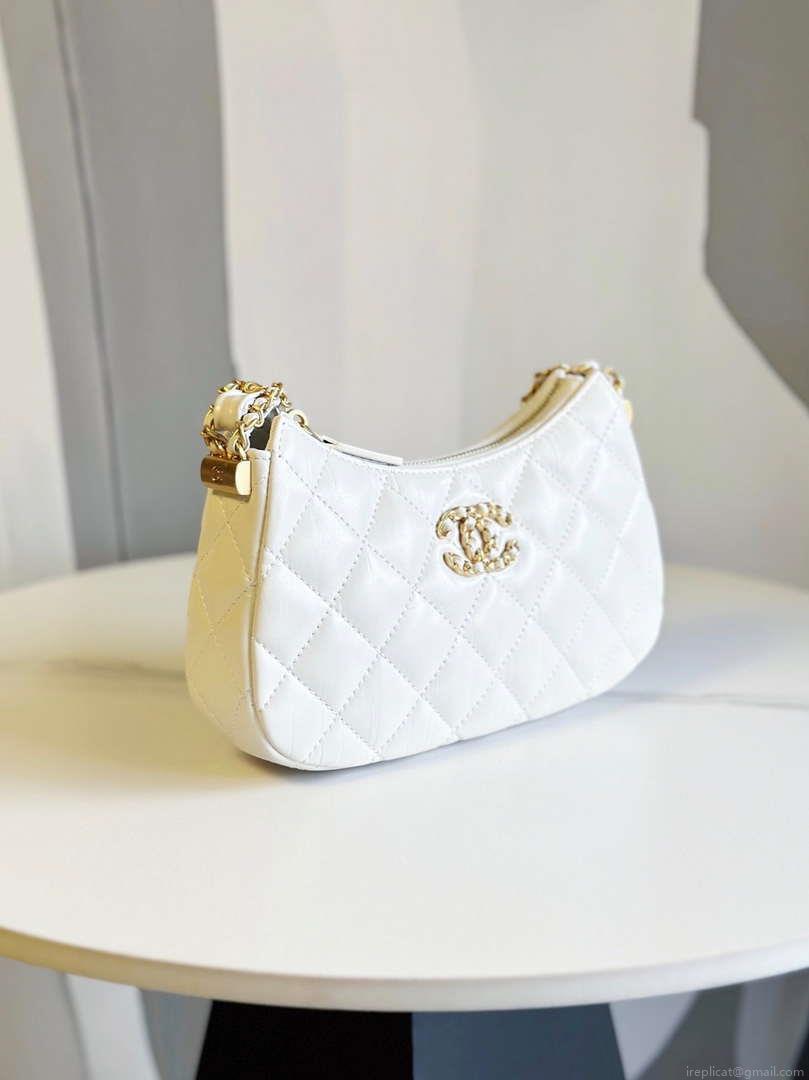 Chanel AP3647 23K Small Hobo Bag Lambskin Gold Metal White