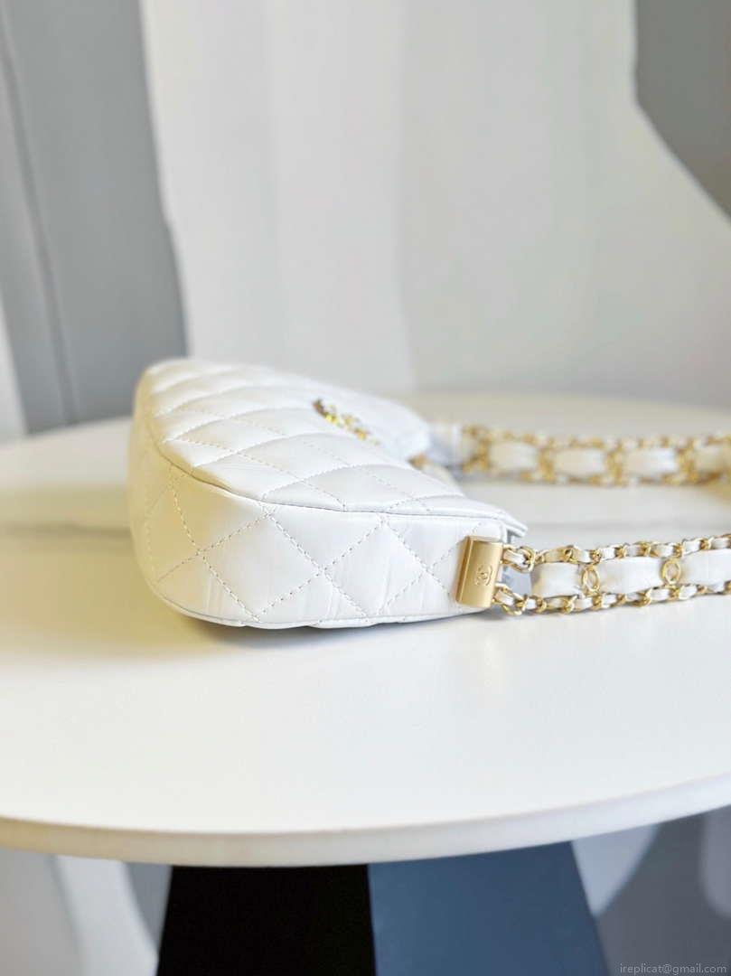 Chanel AP3647 23K Small Hobo Bag Lambskin Gold Metal White