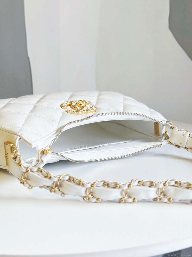 Chanel AP3647 23K Small Hobo Bag Lambskin Gold Metal White