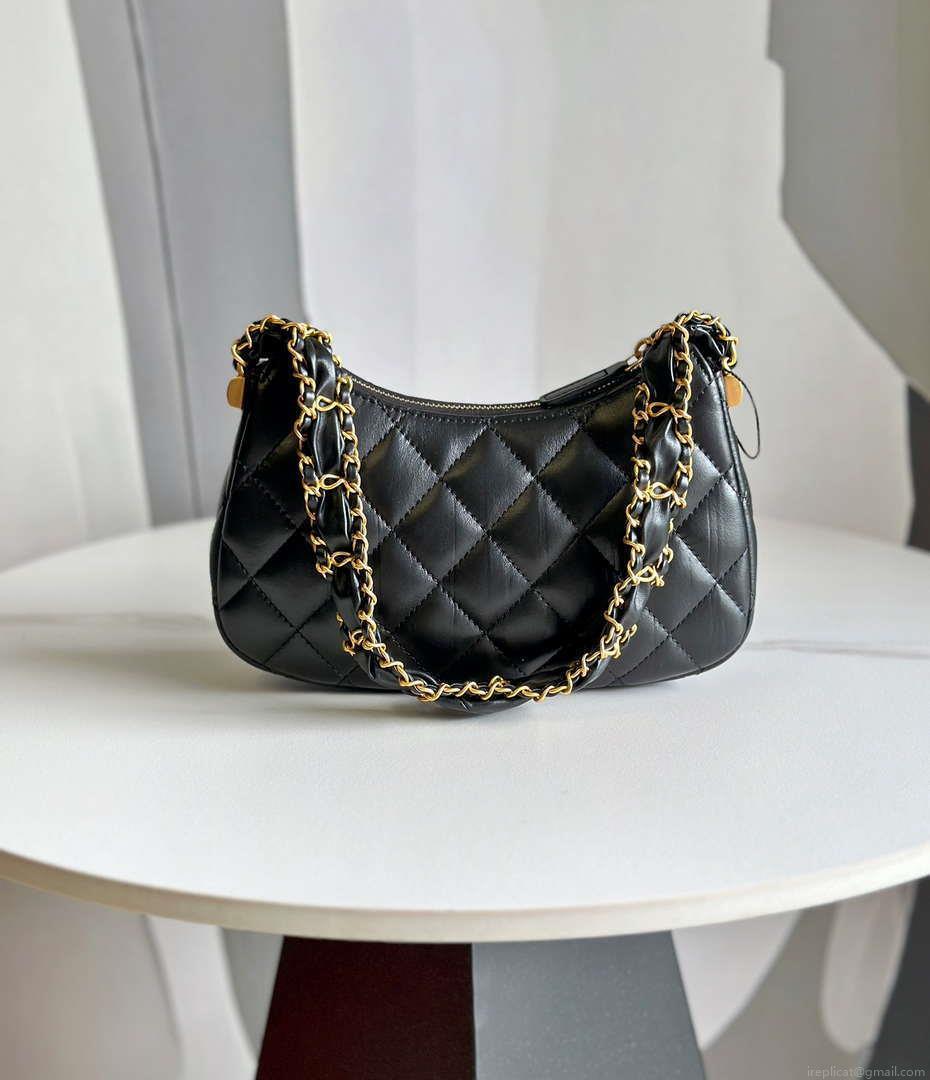 Chanel AP3647 23K Small Hobo Bag Lambskin Gold Metal Black