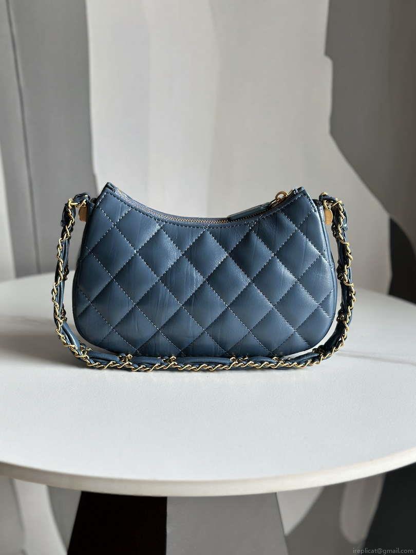 Chanel AP3647 23K Small Hobo Bag Lambskin Gold Metal Navy Blue