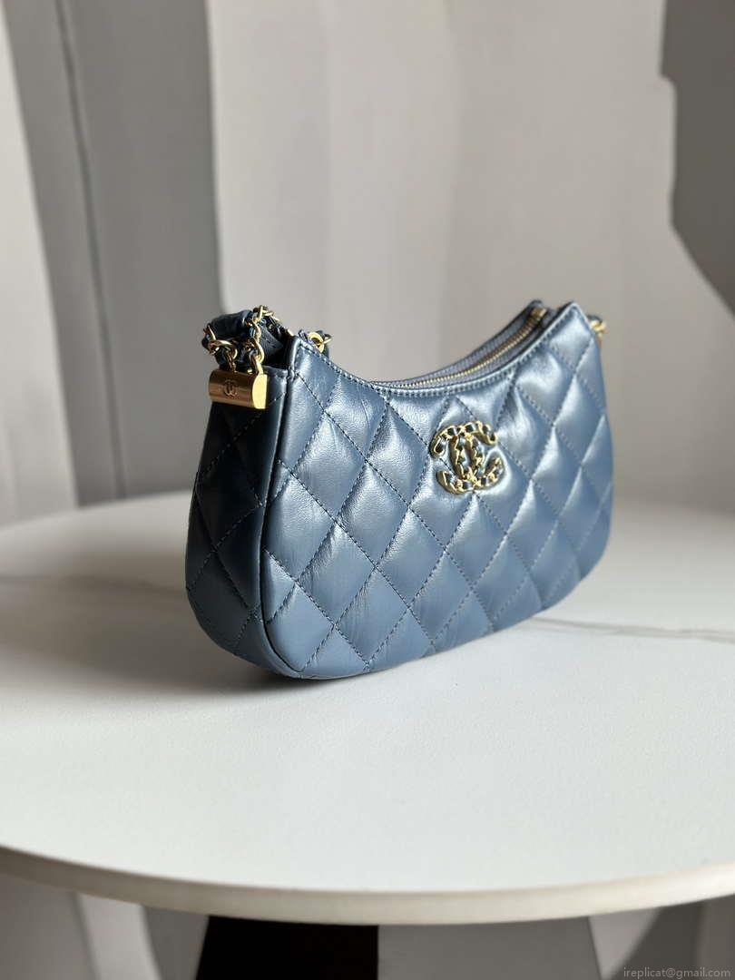 Chanel AP3647 23K Small Hobo Bag Lambskin Gold Metal Navy Blue