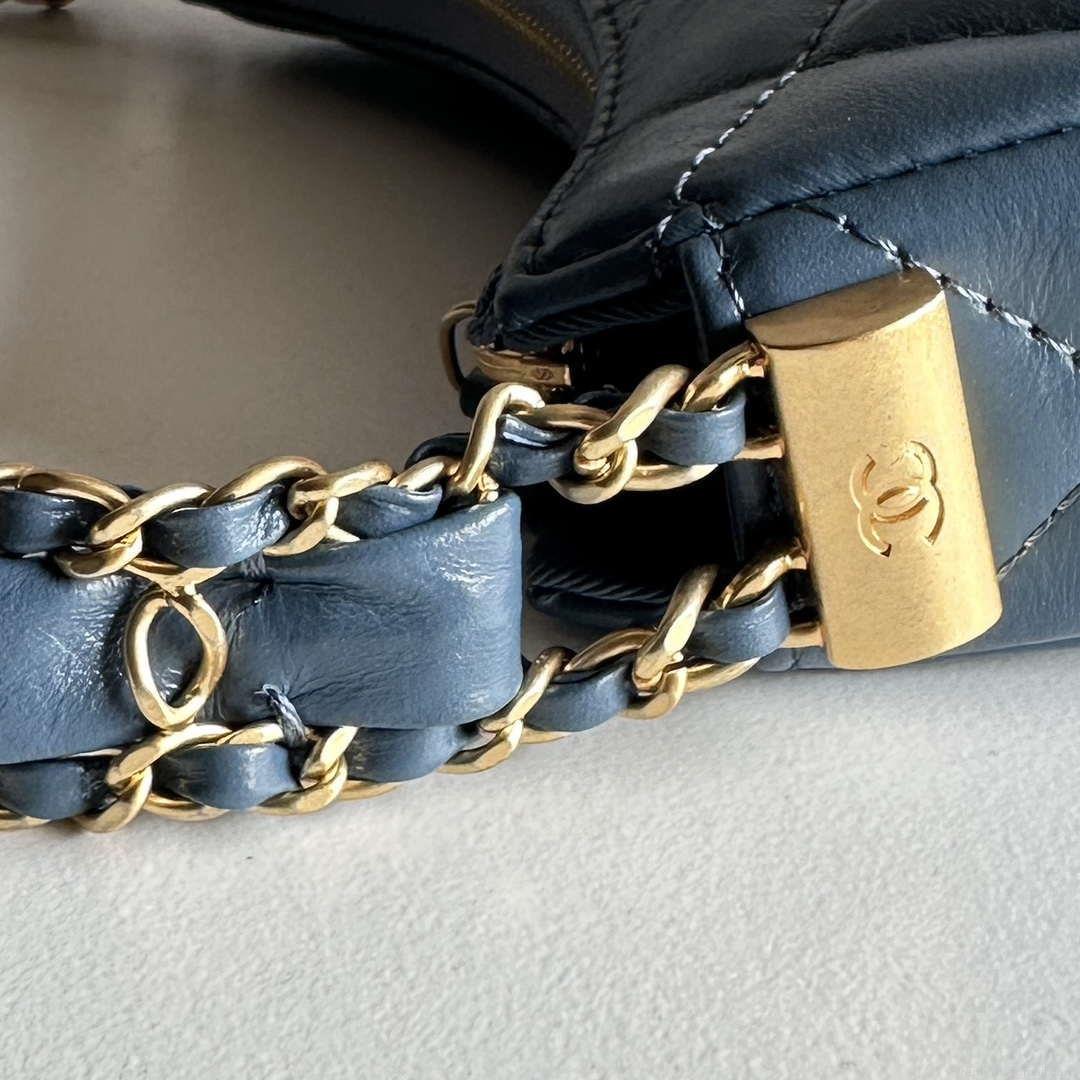 Chanel AP3647 23K Small Hobo Bag Lambskin Gold Metal Navy Blue