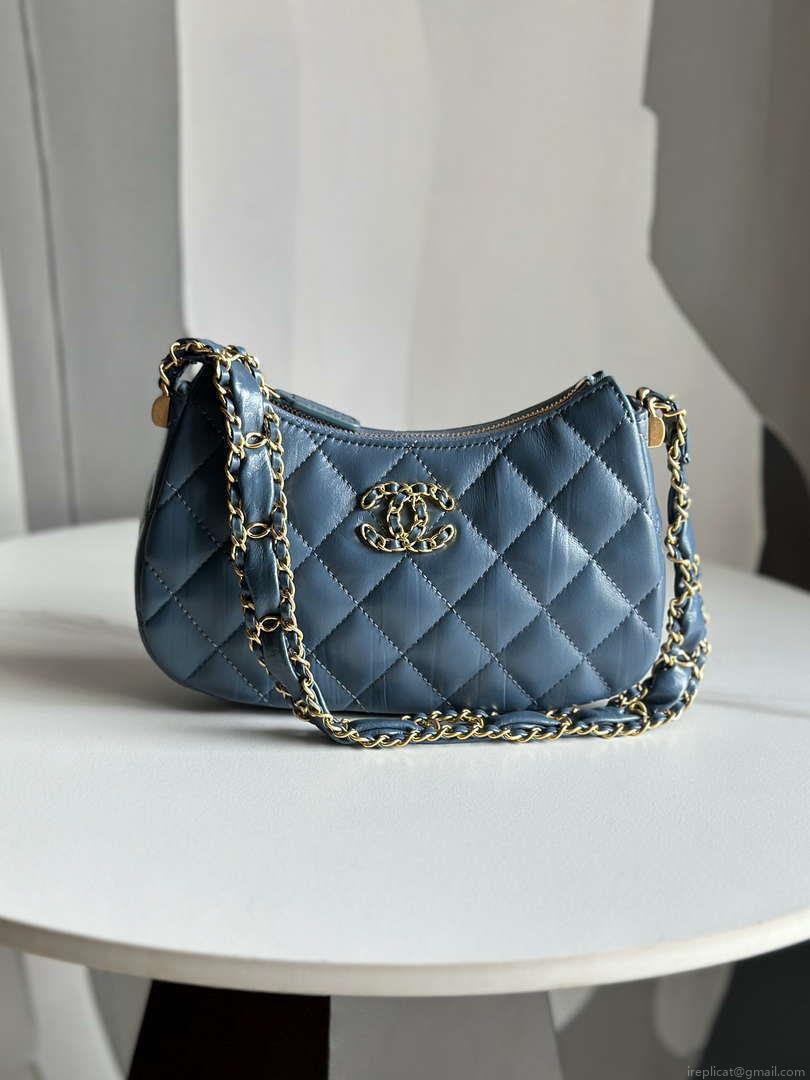 Chanel AP3647 23K Small Hobo Bag Lambskin Gold Metal Navy Blue