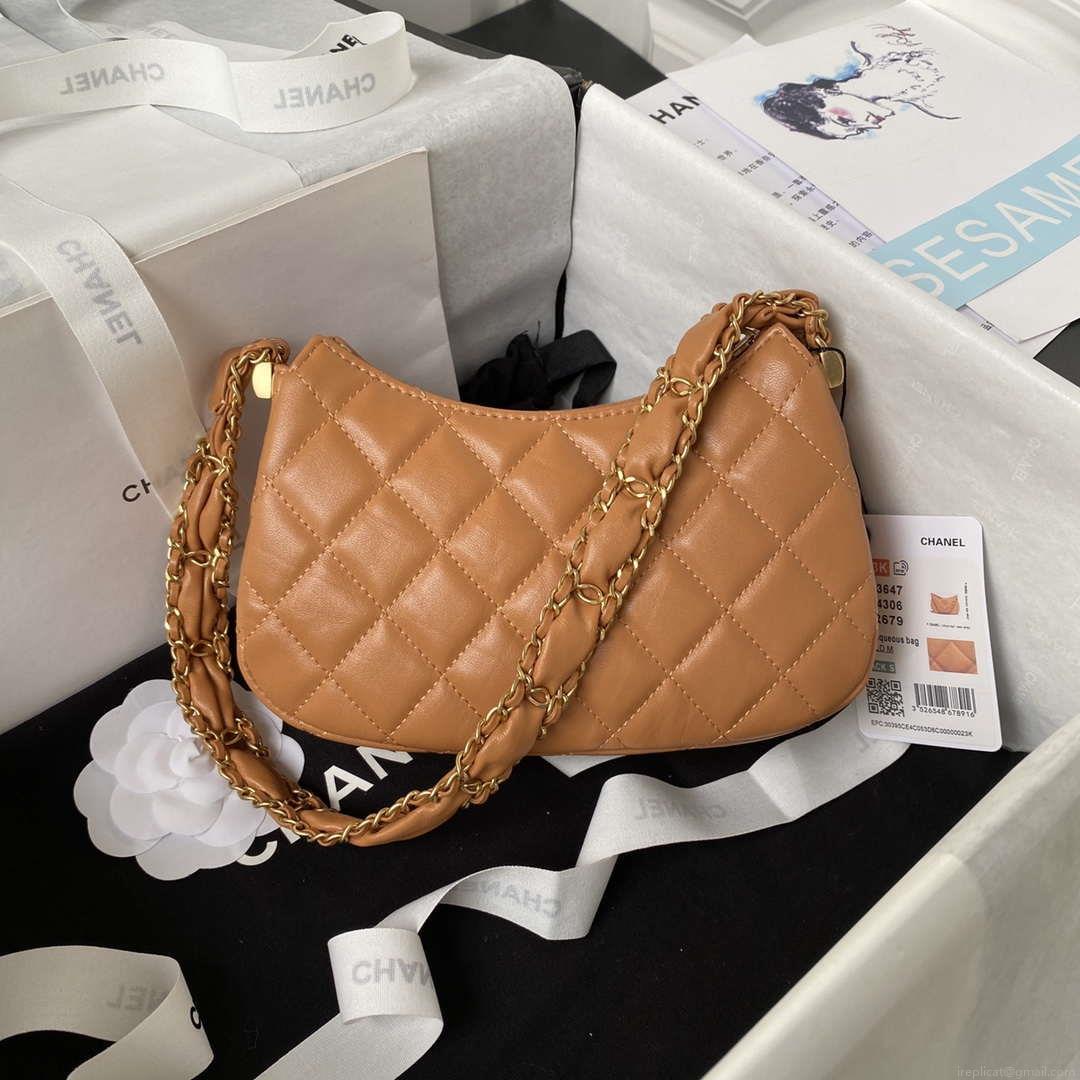 Chanel AP3647 23K Small Hobo Bag Lambskin Gold Metal Caramel