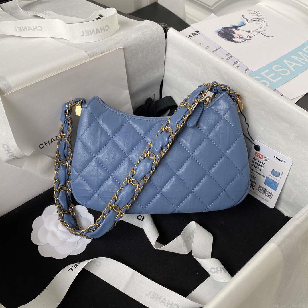 Chanel AP3647 23K Small Hobo Bag Lambskin Gold Metal Blue