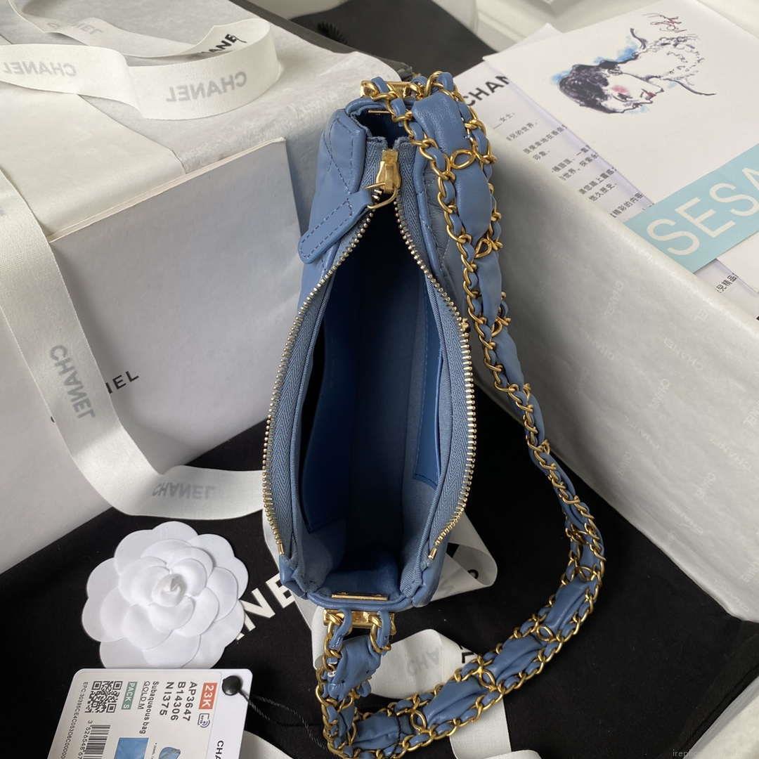Chanel AP3647 23K Small Hobo Bag Lambskin Gold Metal Blue
