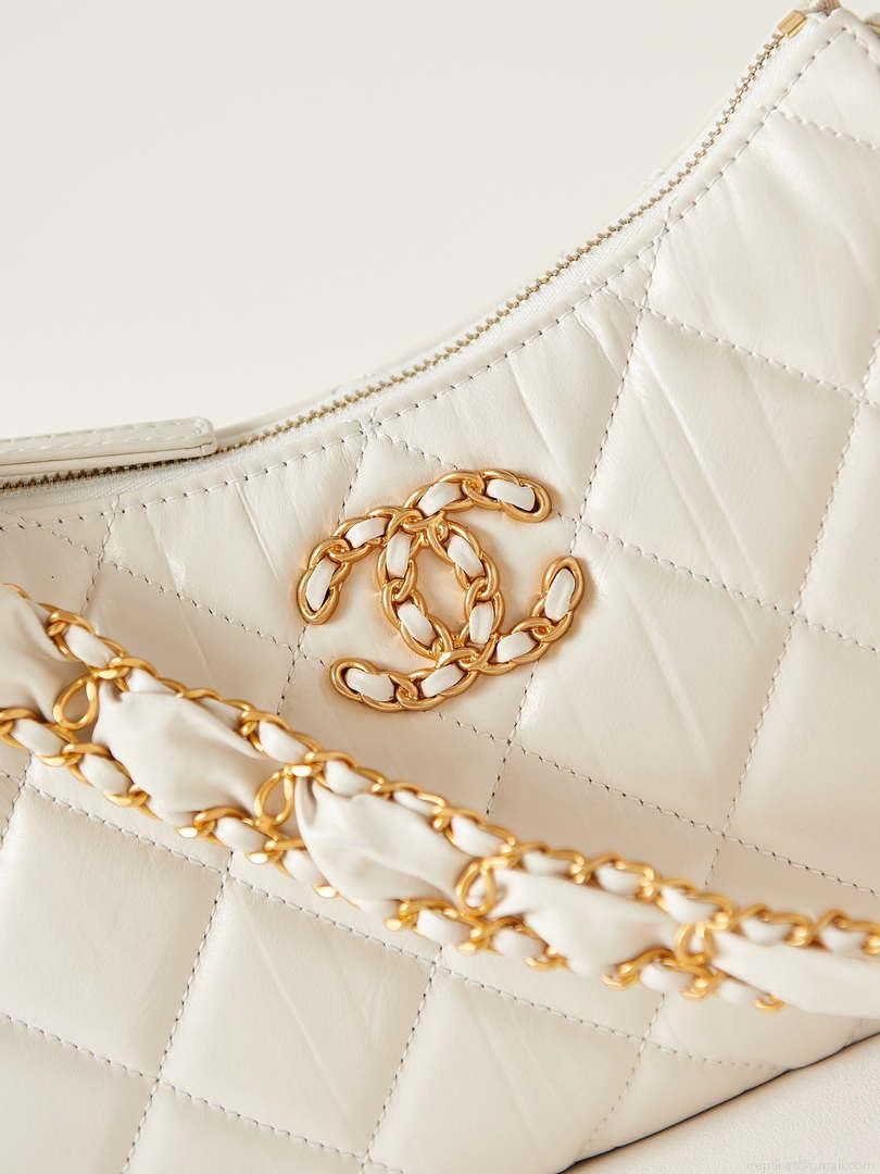 Chanel AS4422 23K Hobo Bag Lambskin Gold Metal White