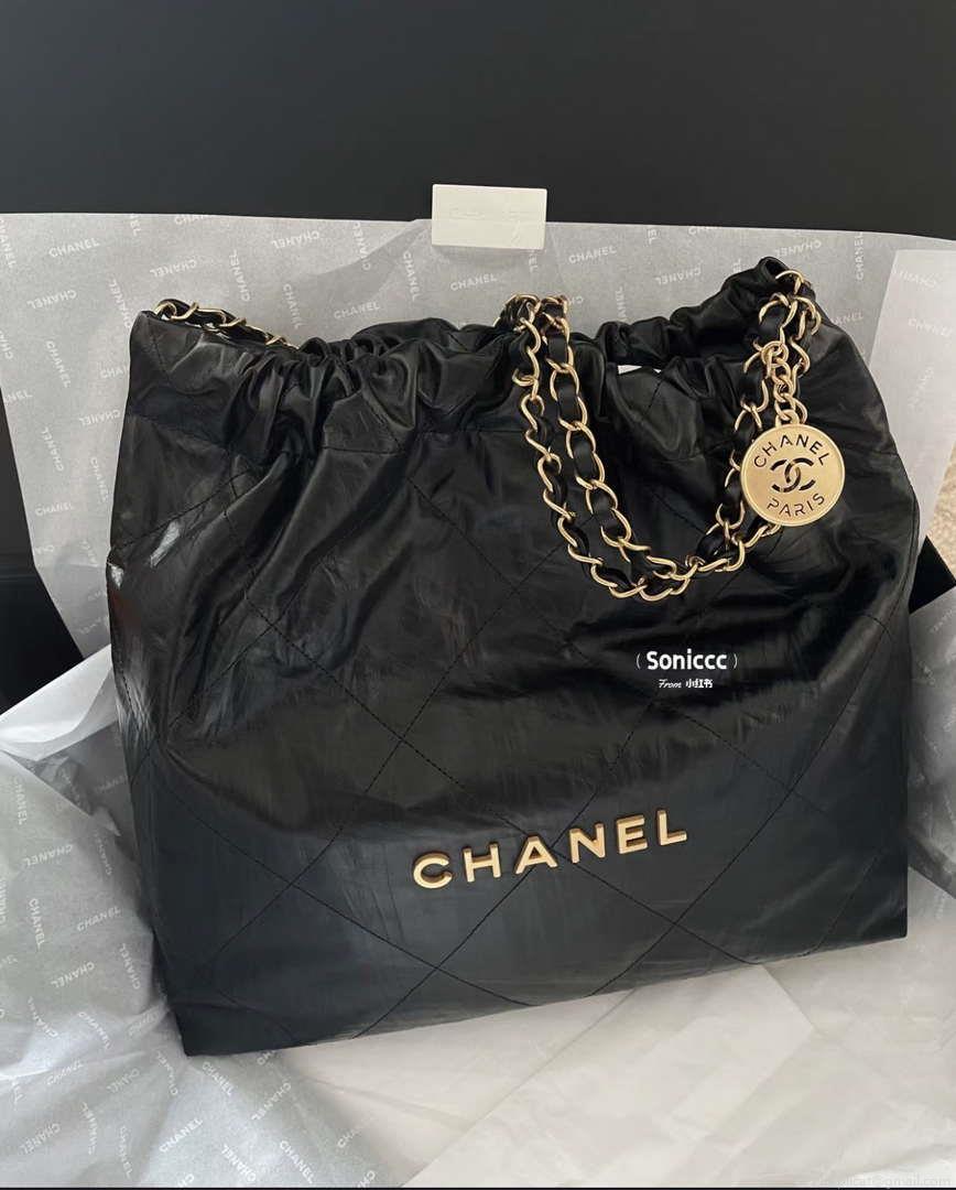 Chanel 22 Handbag AS3261 Wrinkled Calfskin leather Black Gold