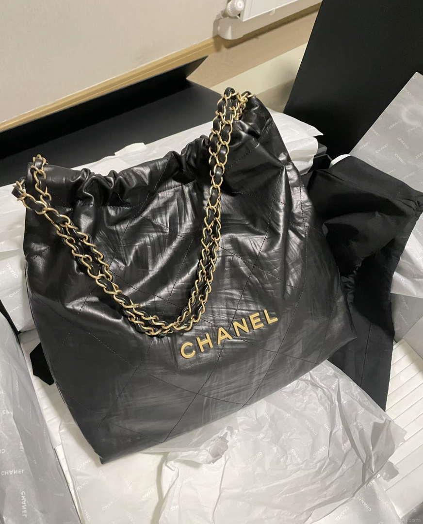 Chanel 22 Handbag AS3261 Wrinkled Calfskin leather Black Gold
