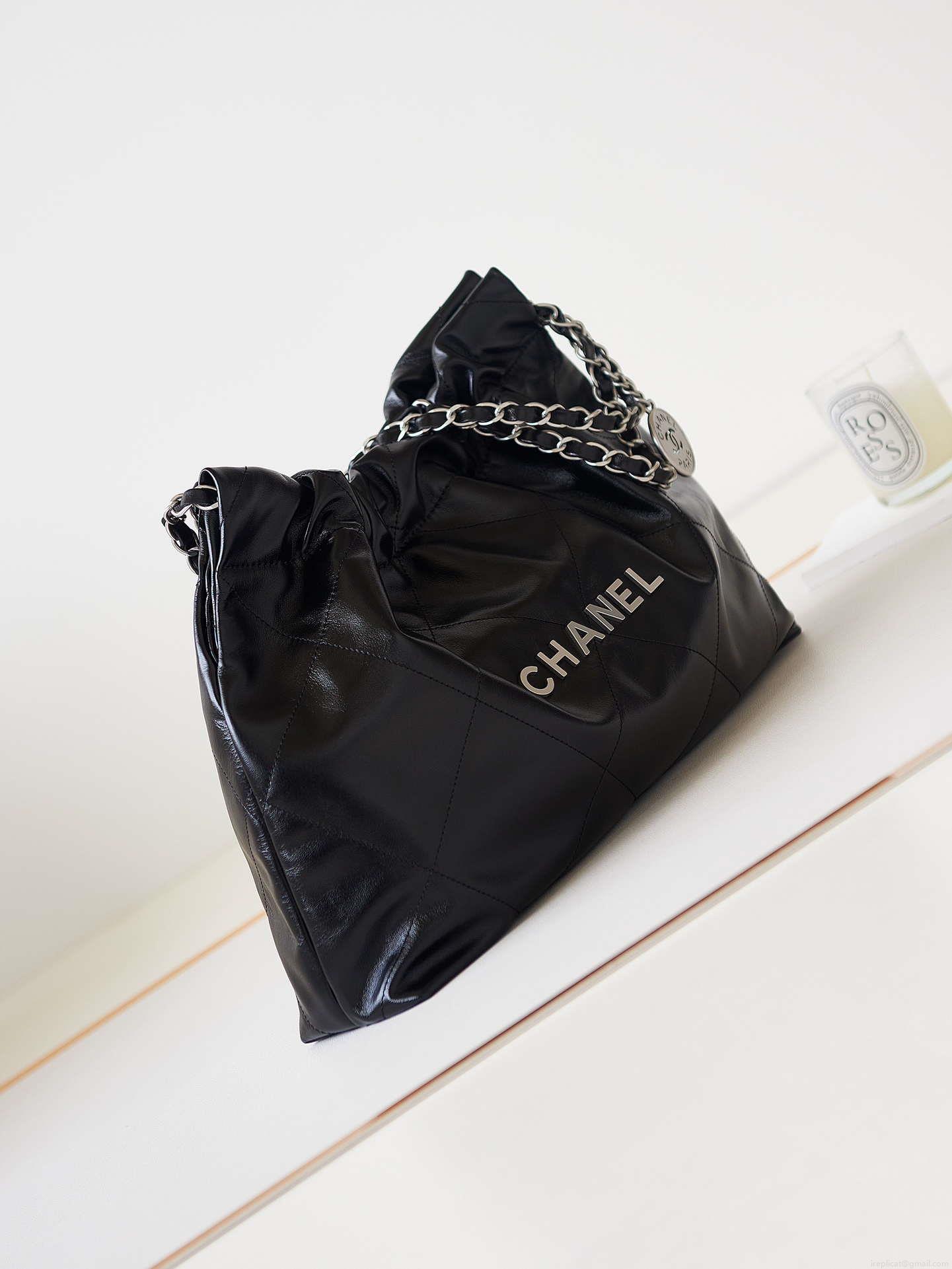 Chanel 22 Bag AS4486 Small Handbag Shiny Calfskin Black With Silver