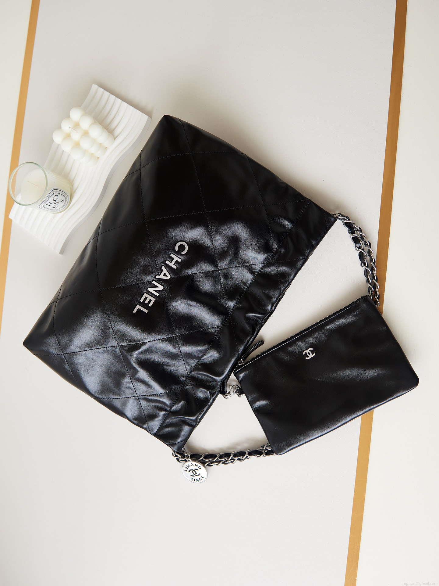 Chanel 22 Bag AS4486 Small Handbag Shiny Calfskin Black With Silver