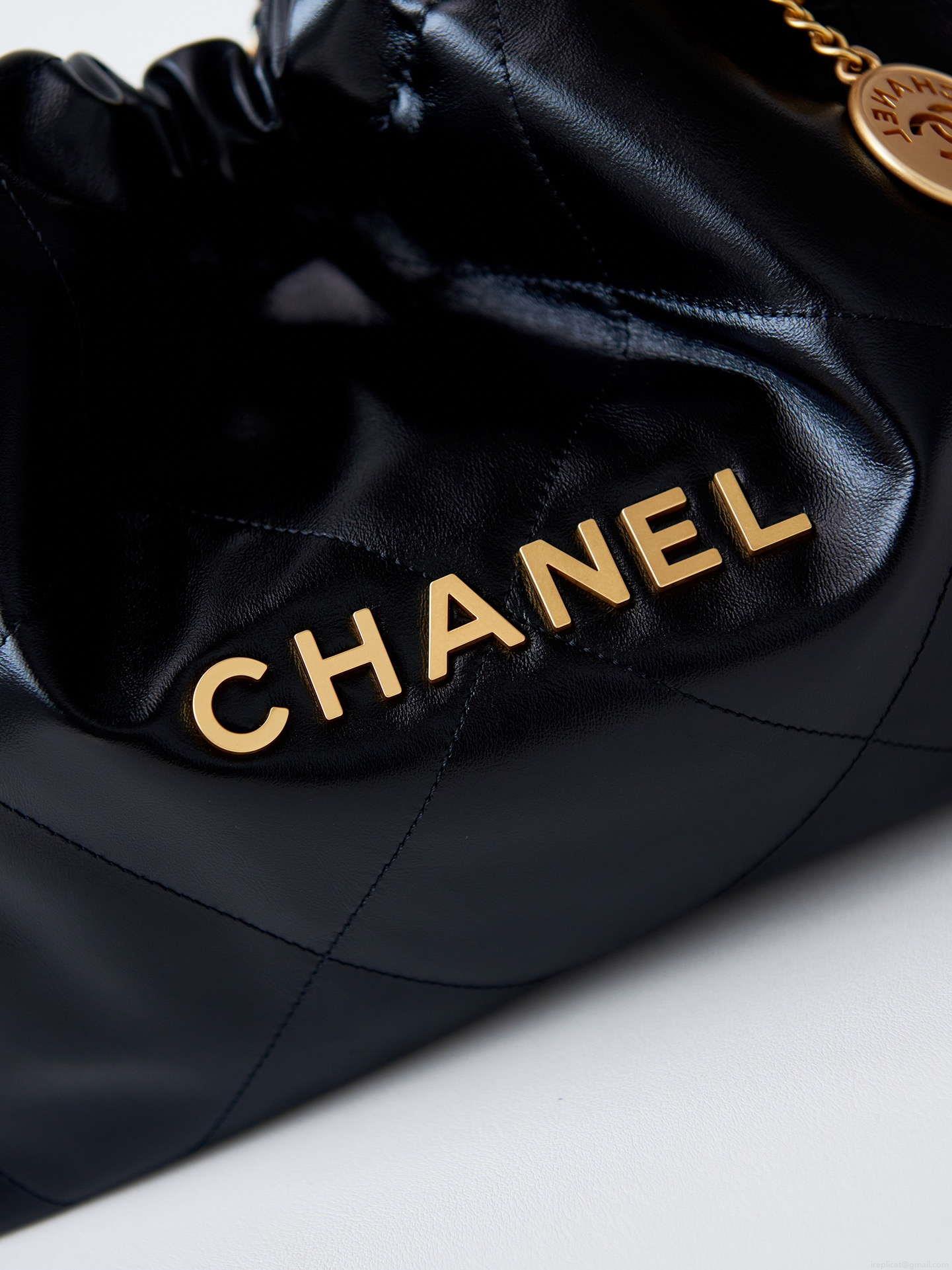Chanel 22 Bag AS4486 Small Handbag Shiny Calfskin Black With Gold