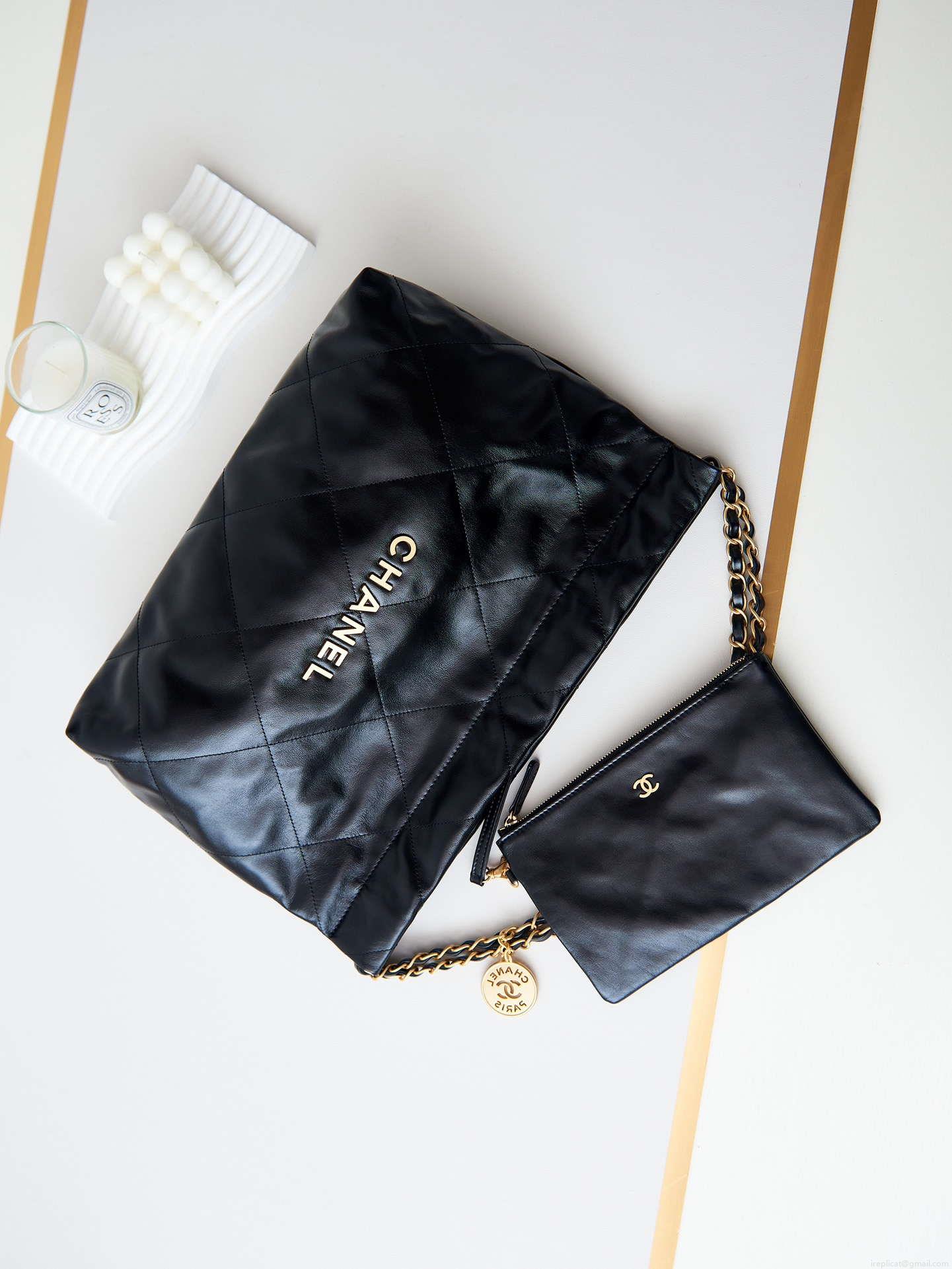 Chanel 22 Bag AS4486 Small Handbag Shiny Calfskin Black With Gold