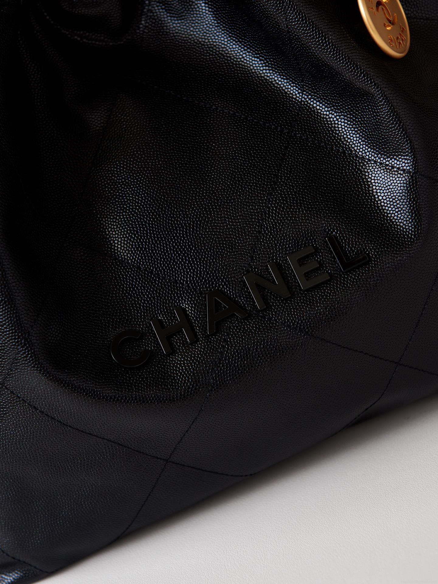 Chanel 22 AS3260 Small Handbag Shiny Calfskin Black Gold with black logo