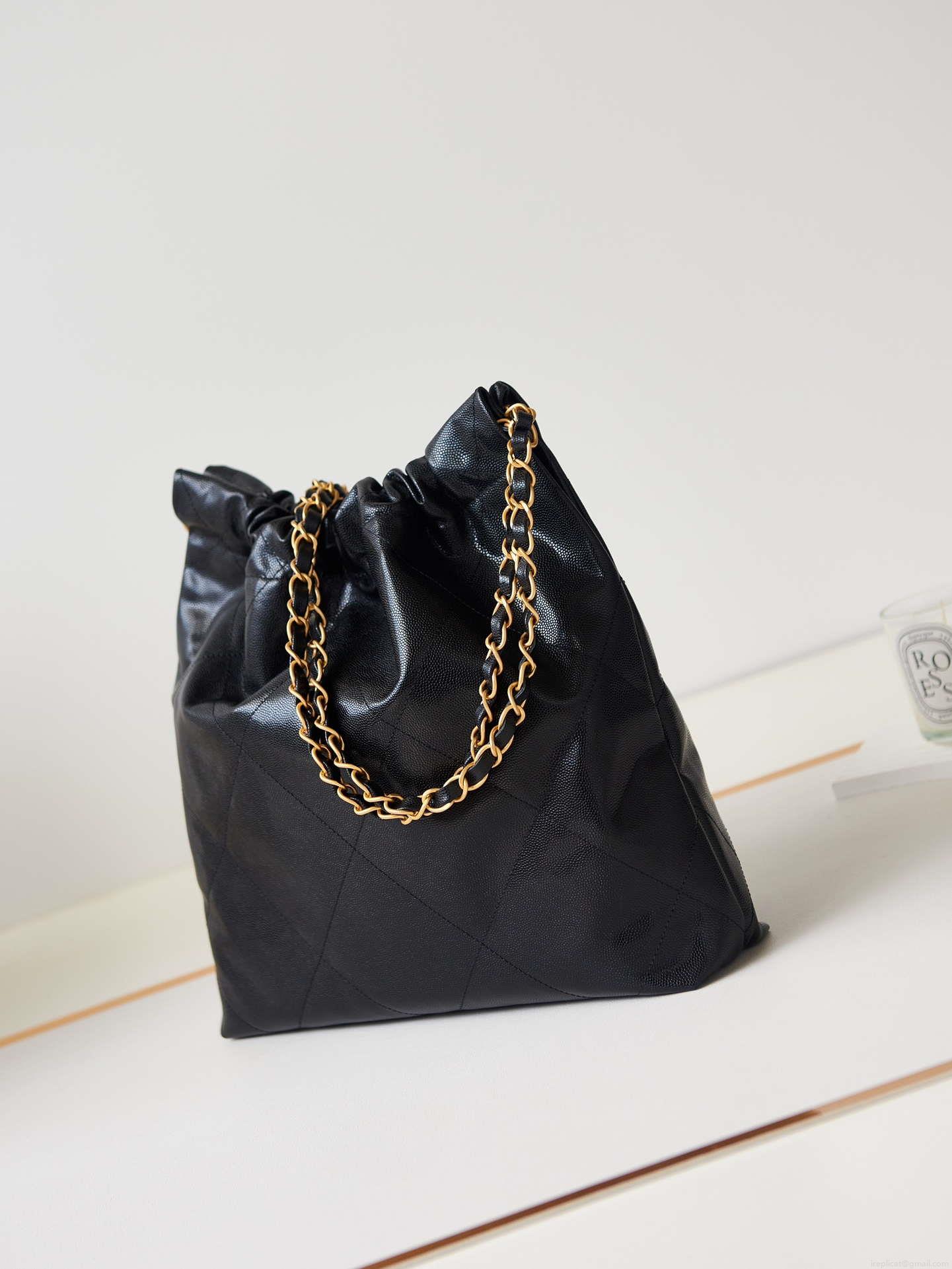 Chanel 22 AS3260 Small Handbag Shiny Calfskin Black Gold with black logo