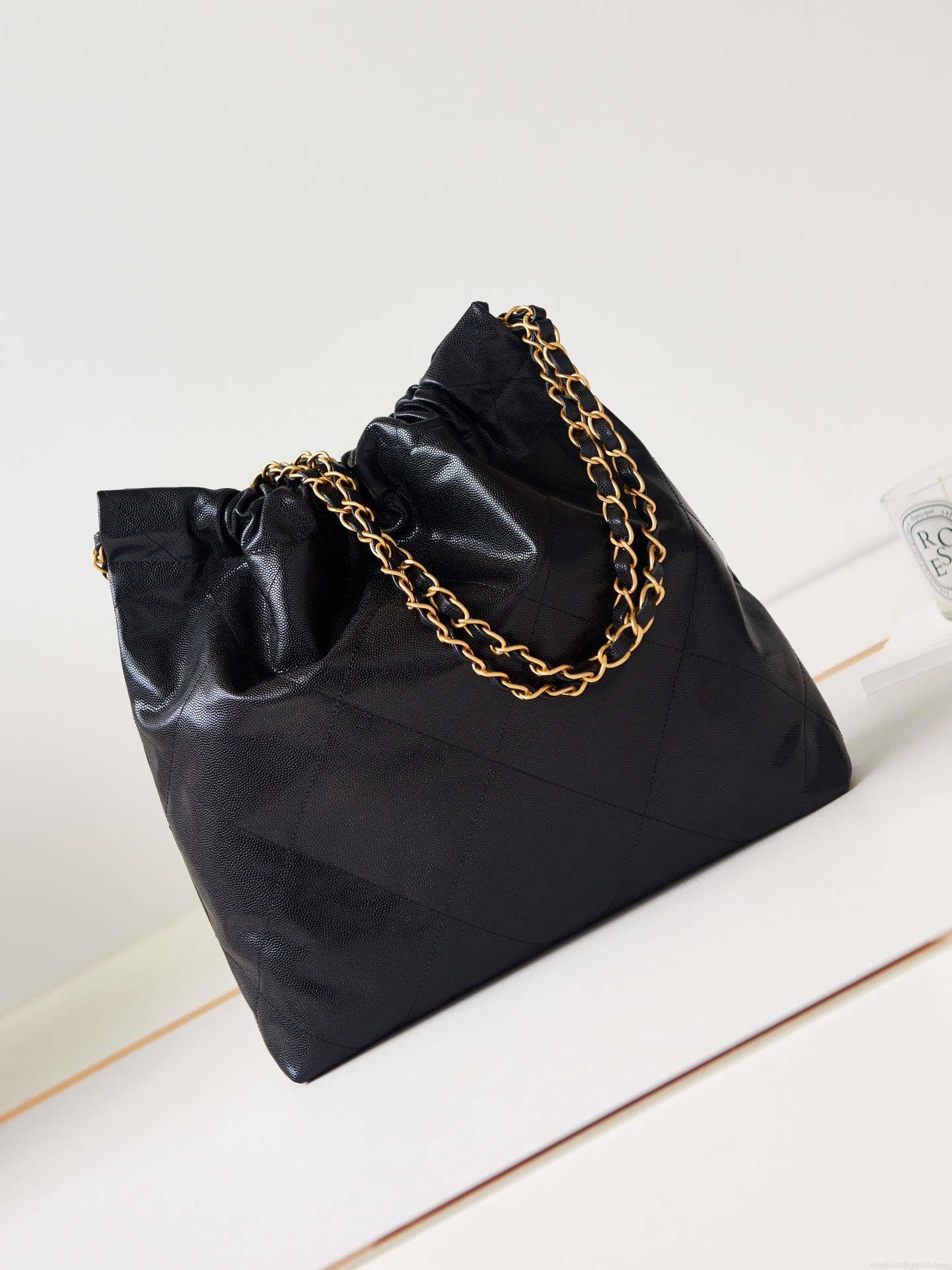 Chanel 22 AS3260 Small Handbag Shiny Calfskin Black Gold with black logo