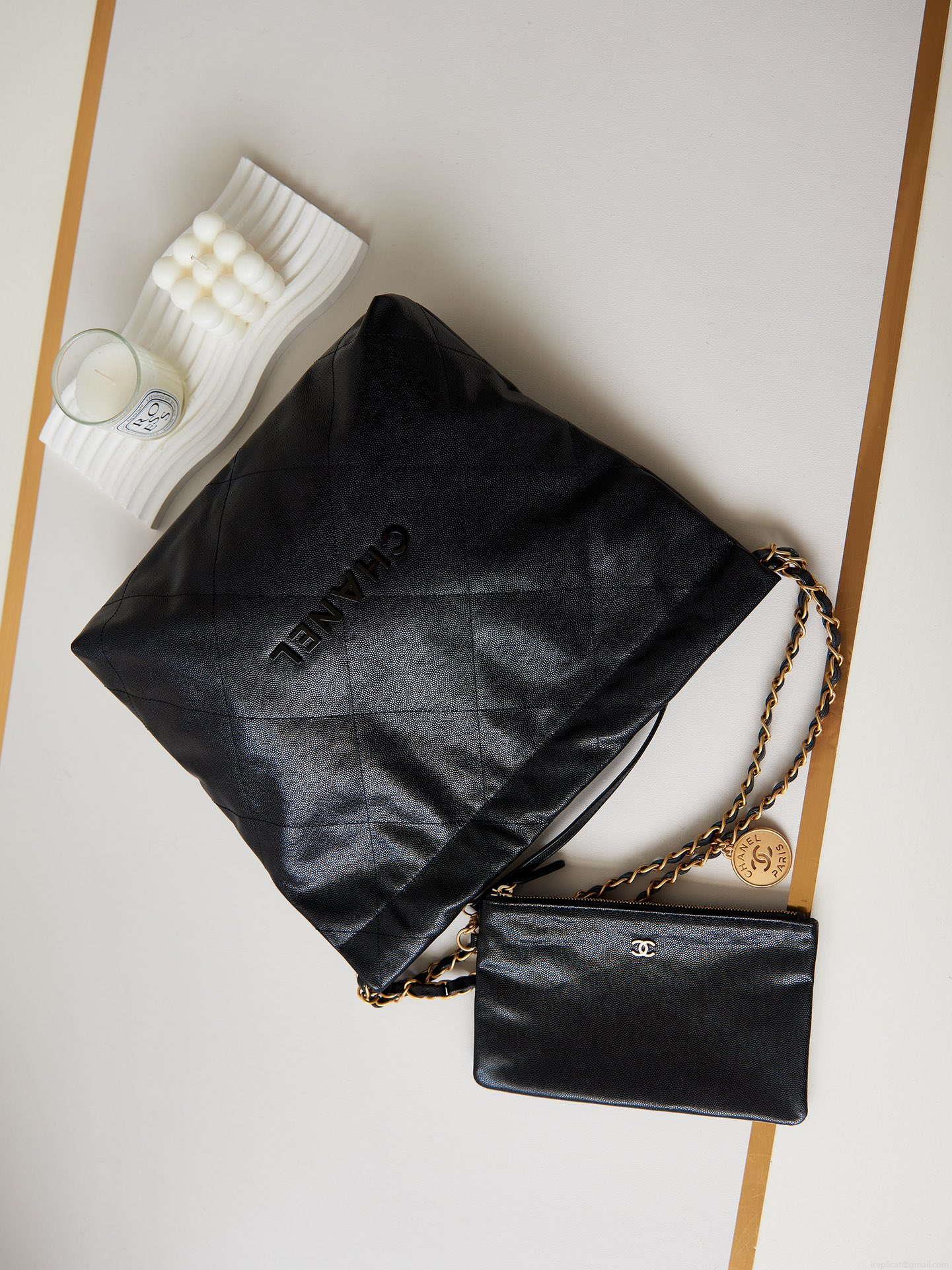 Chanel 22 AS3260 Small Handbag Shiny Calfskin Black Gold with black logo