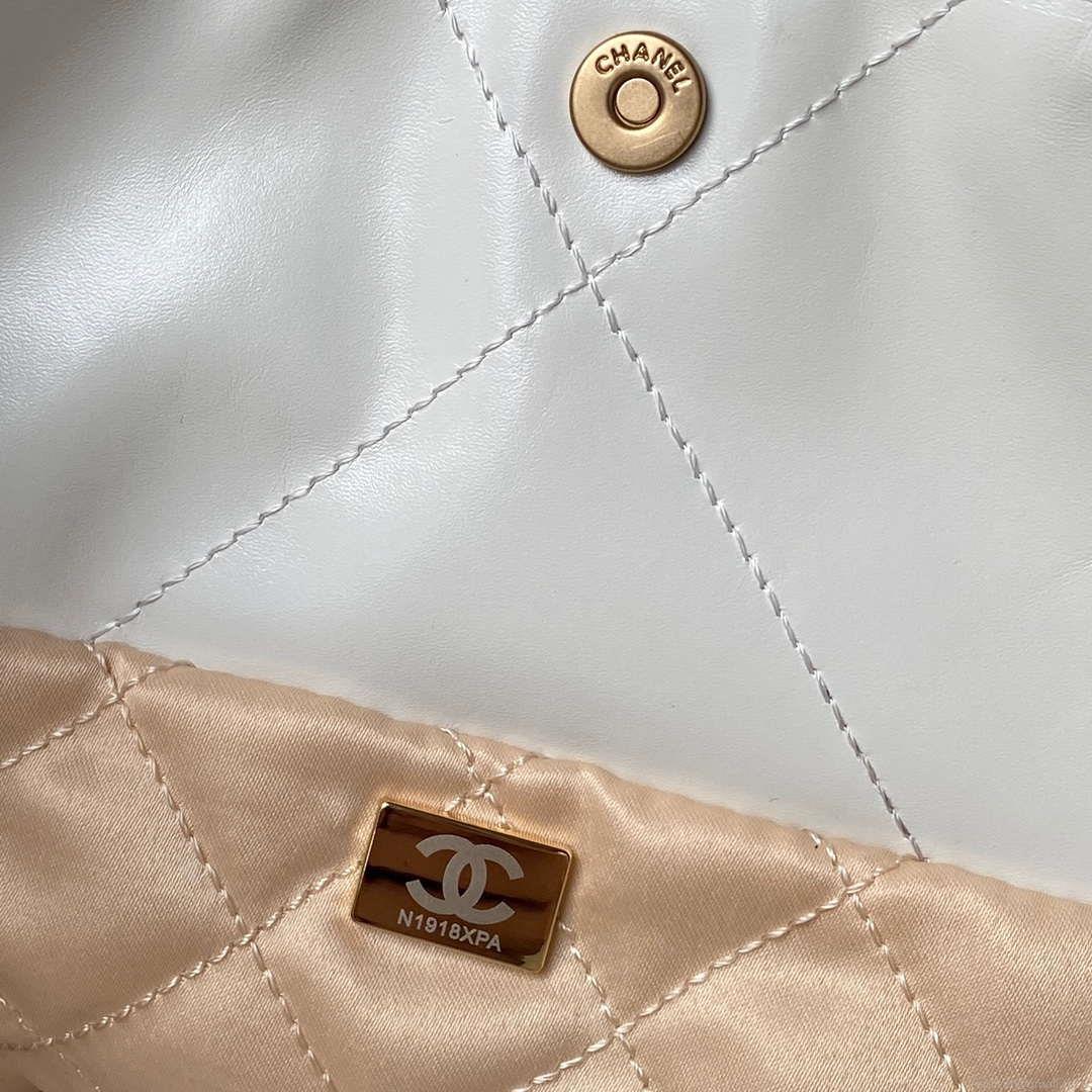 Chanel 22 Bag AS4486 Handbag Shiny Calfskin White With Gold