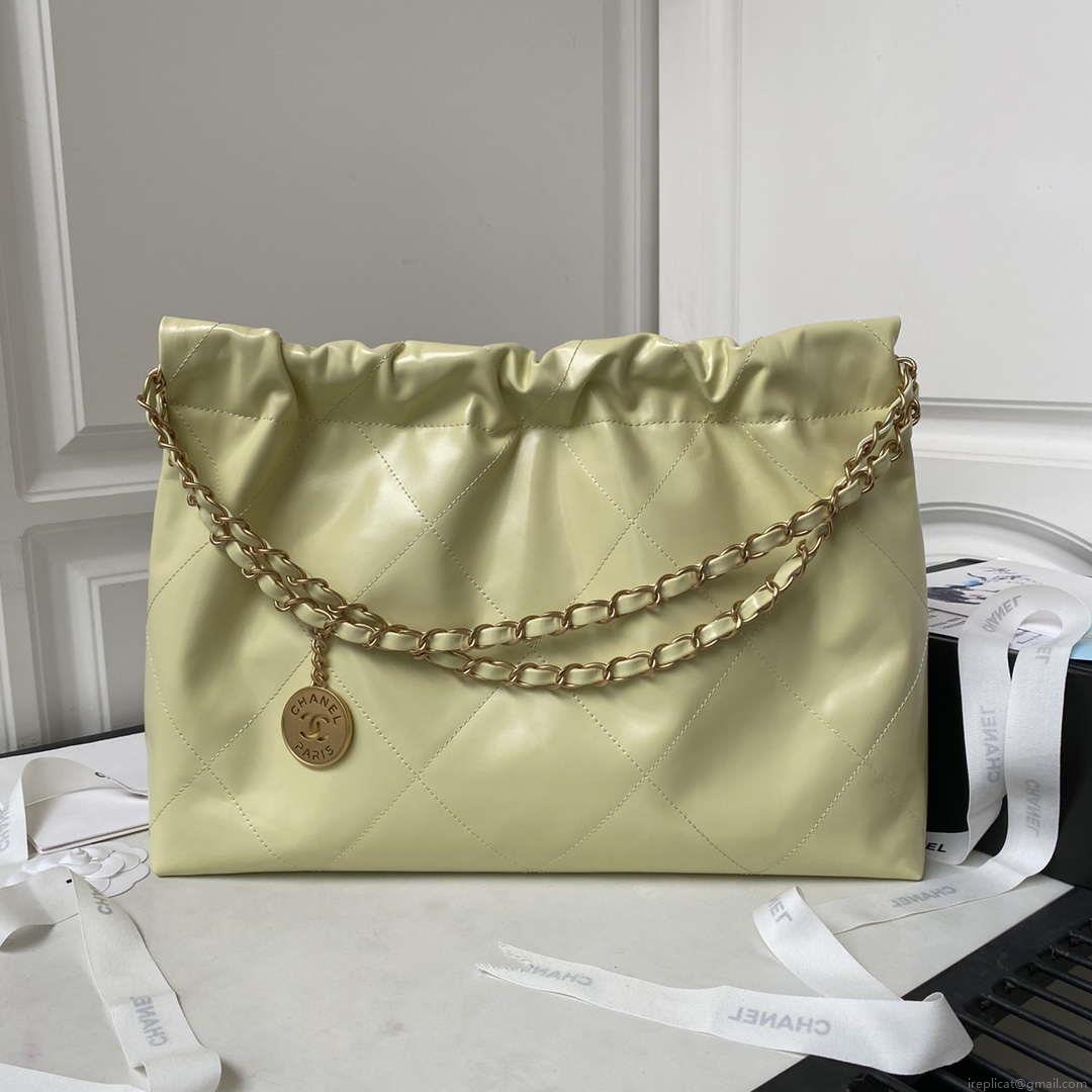 Chanel 22 Bag AS4486 Handbag Shiny Calfskin Yellow With Gold