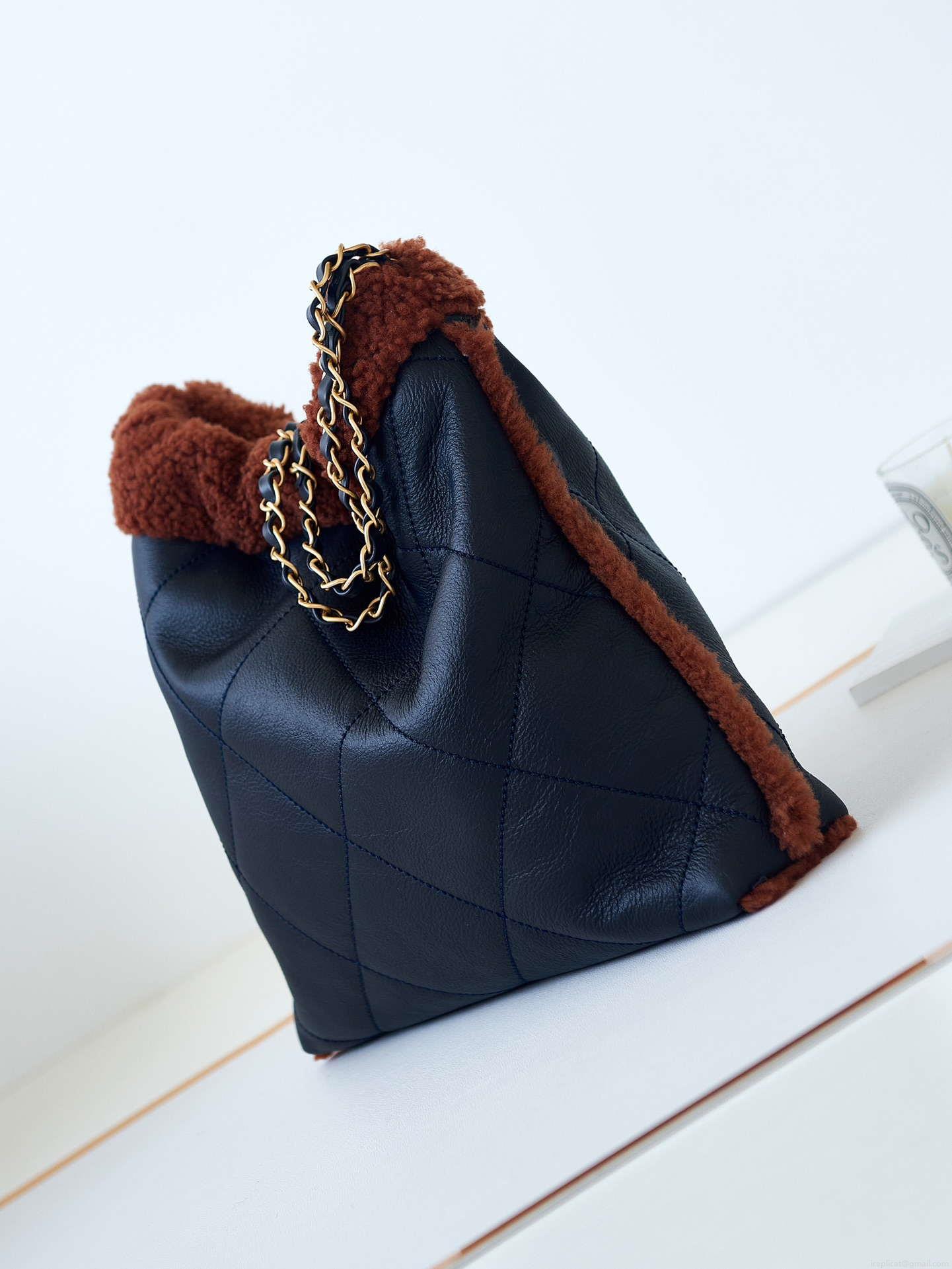 Chanel 22 AS3260 Small Handbag Black Calfskin wiht Brown wool Gold