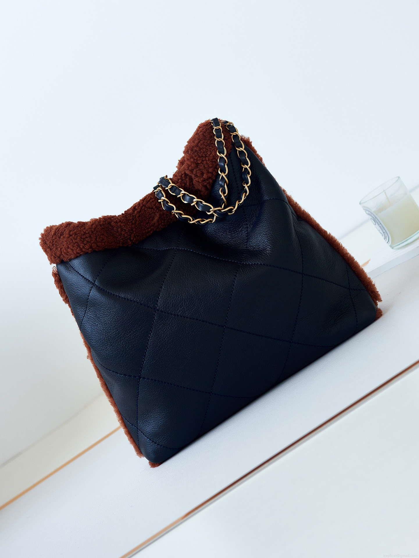 Chanel 22 AS3260 Small Handbag Black Calfskin wiht Brown wool Gold