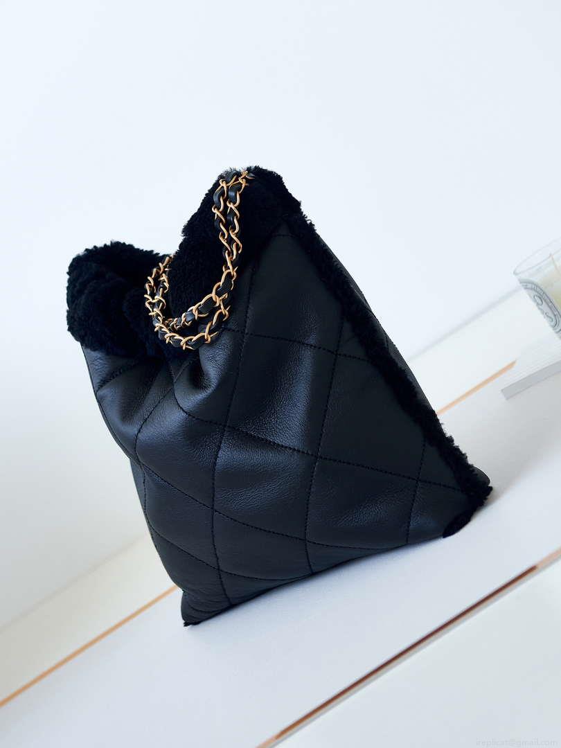Chanel 22 AS3260 Small Handbag Black Calfskin wiht Black wool Gold