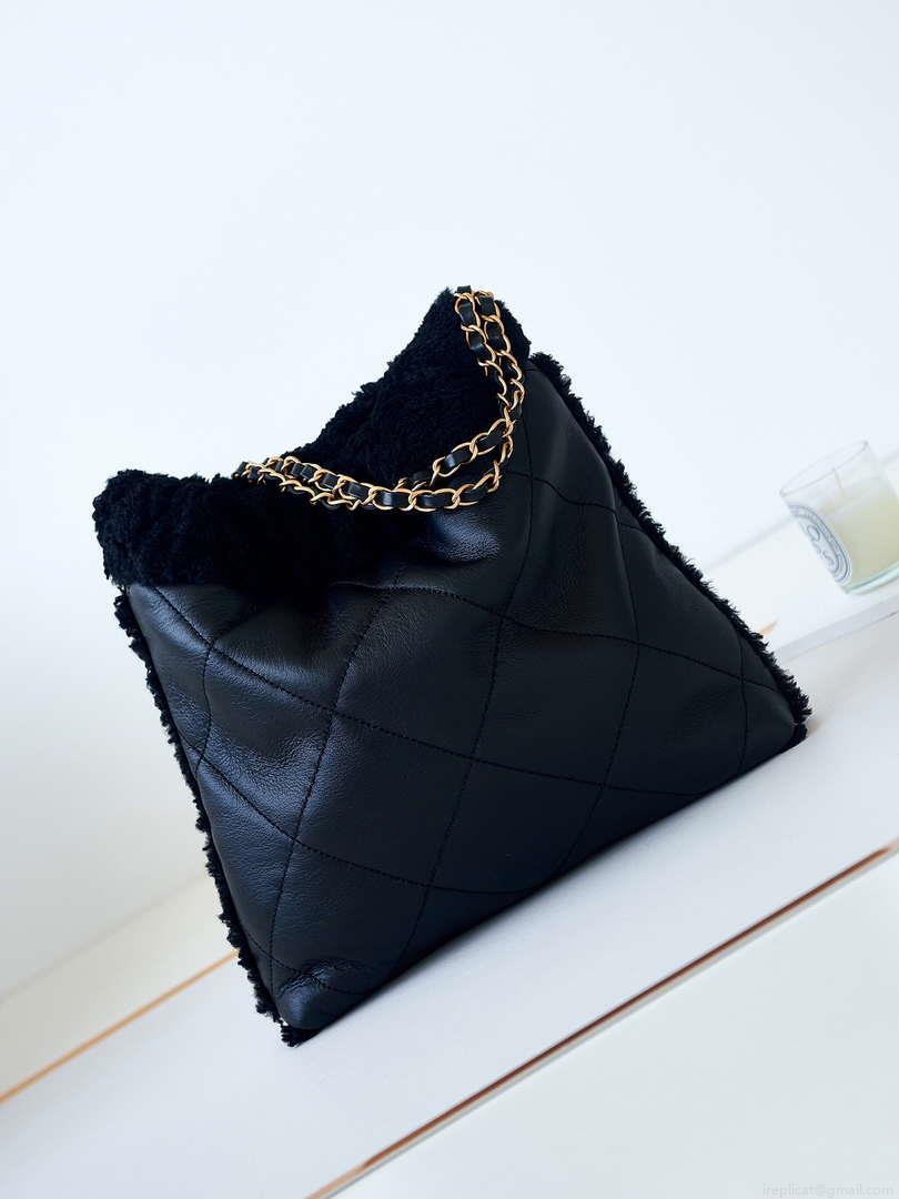Chanel 22 AS3260 Small Handbag Black Calfskin wiht Black wool Gold