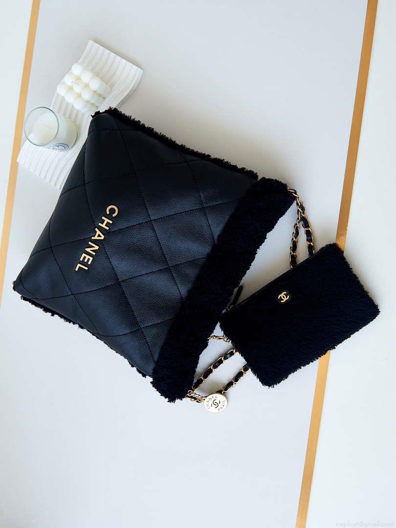 Chanel 22 AS3260 Small Handbag Black Calfskin wiht Black wool Gold