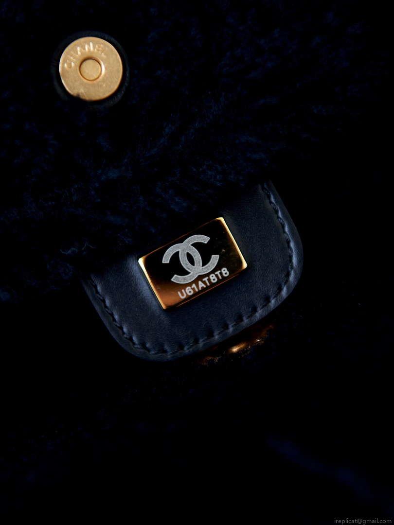 Chanel 22 AS3260 Small Handbag Black Calfskin wiht Black wool Gold